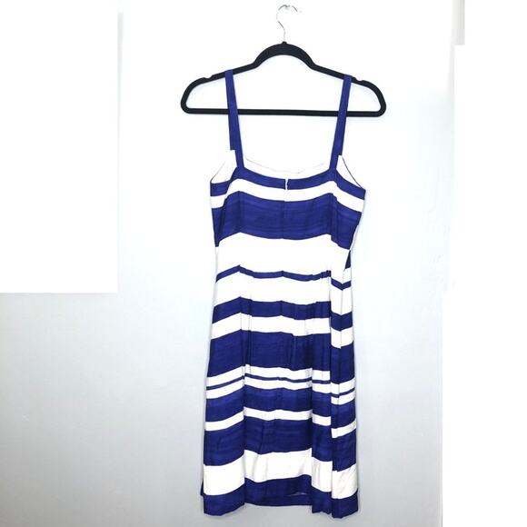 LOFT Stripe Flare A Line Dress Blue Nautical Pleat - Picture 5 of 9